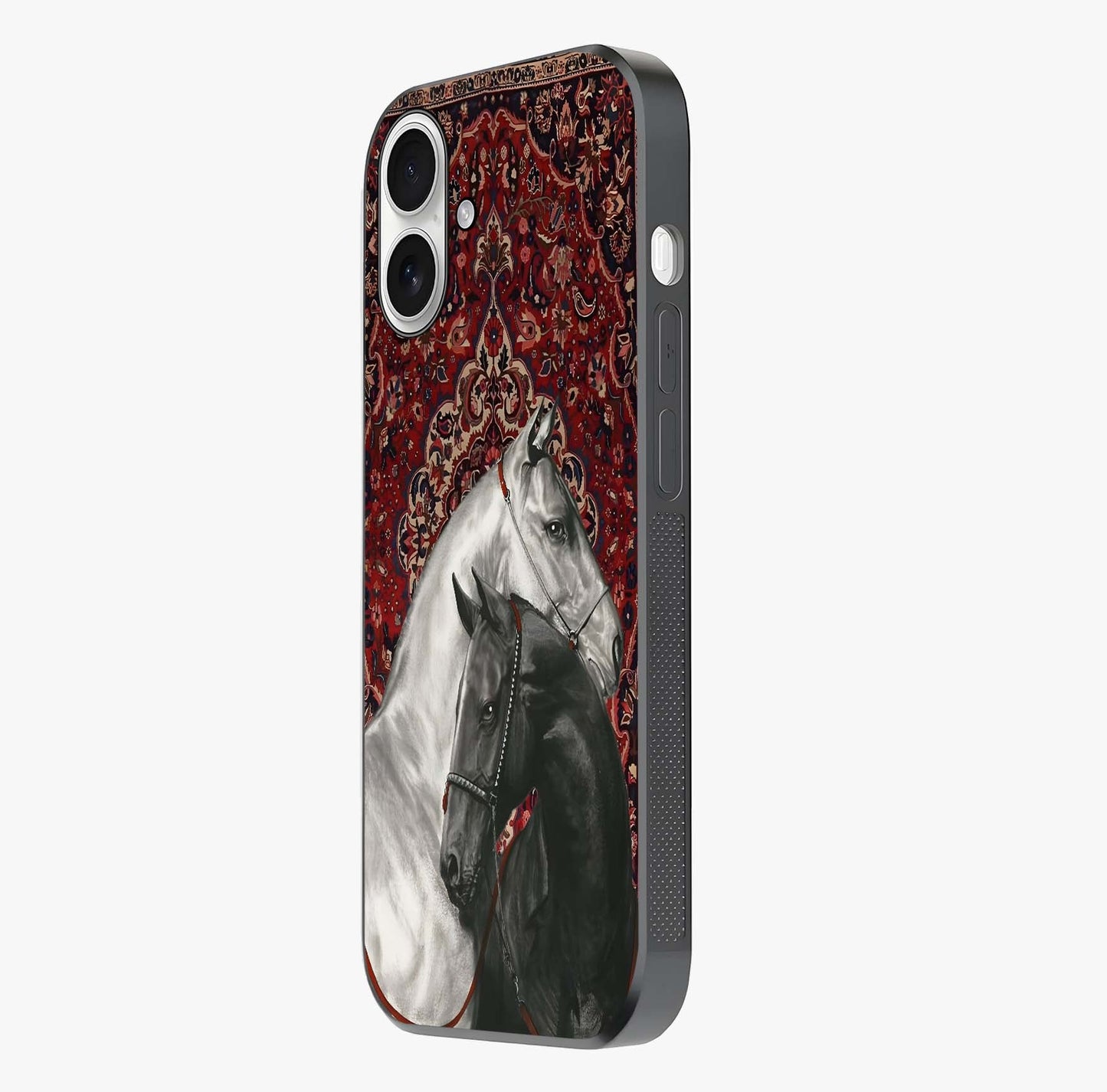 Regal Stallion Tapestry Glass Case photographed in natural light showing reflective finish and design depth.