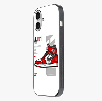 Retro Sneaker Blueprint Glass Case photographed in natural light showing reflective finish and design depth.