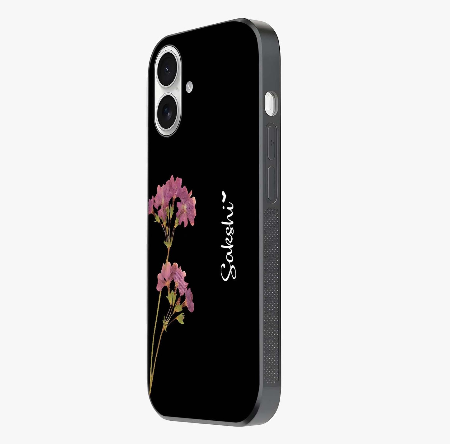 Riching Lavender Flower Custom Name Glass Case photographed in natural light showing reflective finish and design depth.