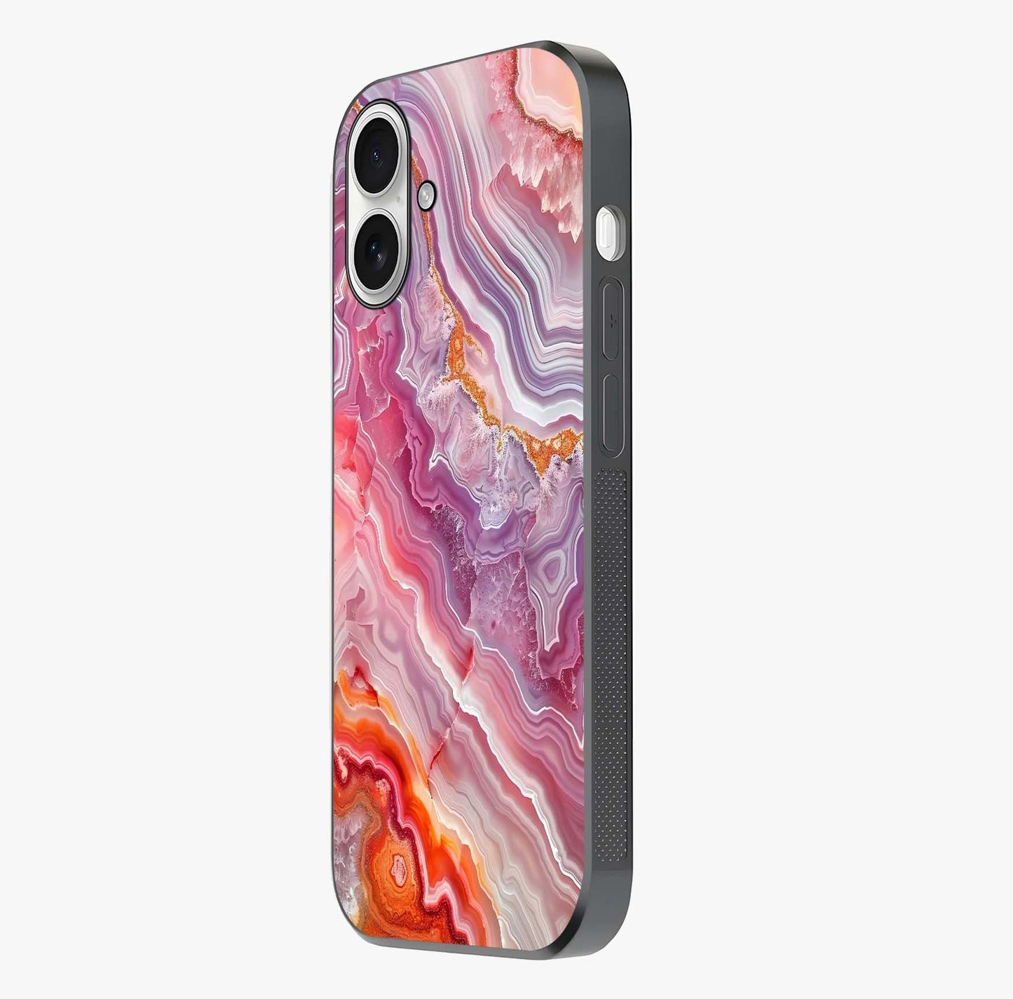 Rose Quartz Marble Glass Case photographed in natural light showing reflective finish and design depth.