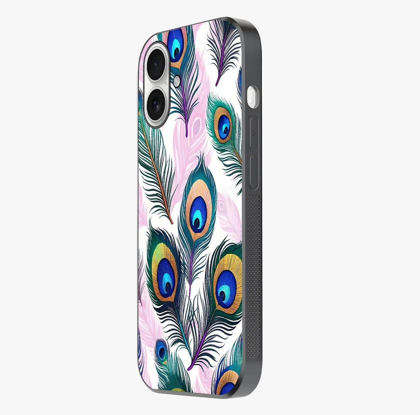 Royal Peacock Feathers Glass Case photographed in natural light showing reflective finish and design depth.