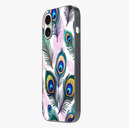 Royal Peacock Feathers Glass Case photographed in natural light showing reflective finish and design depth.