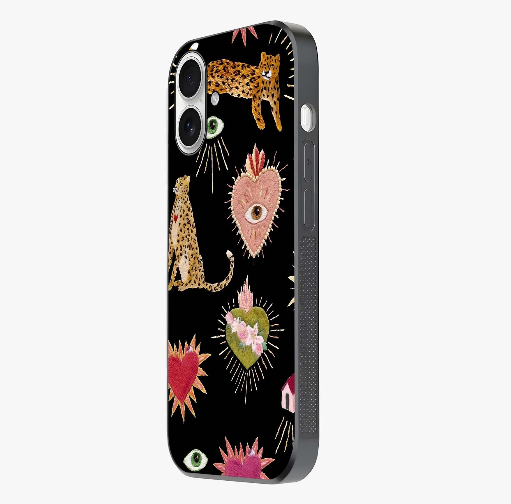 Sacred Jungle Heart Glass Case photographed in natural light showing reflective finish and design depth.