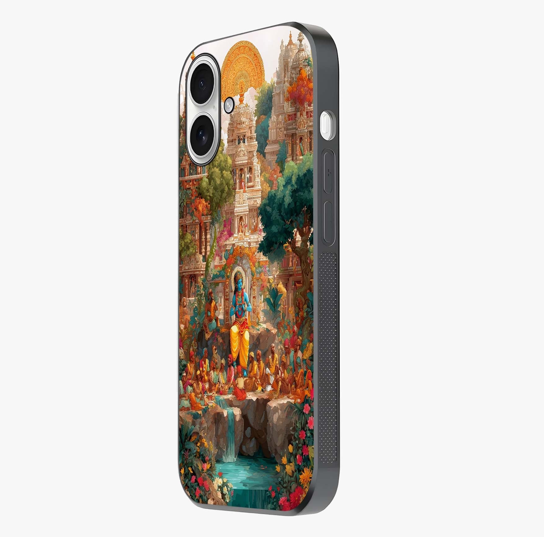 Sacred Sunlight Gods Glass Case photographed in natural light showing reflective finish and design depth.