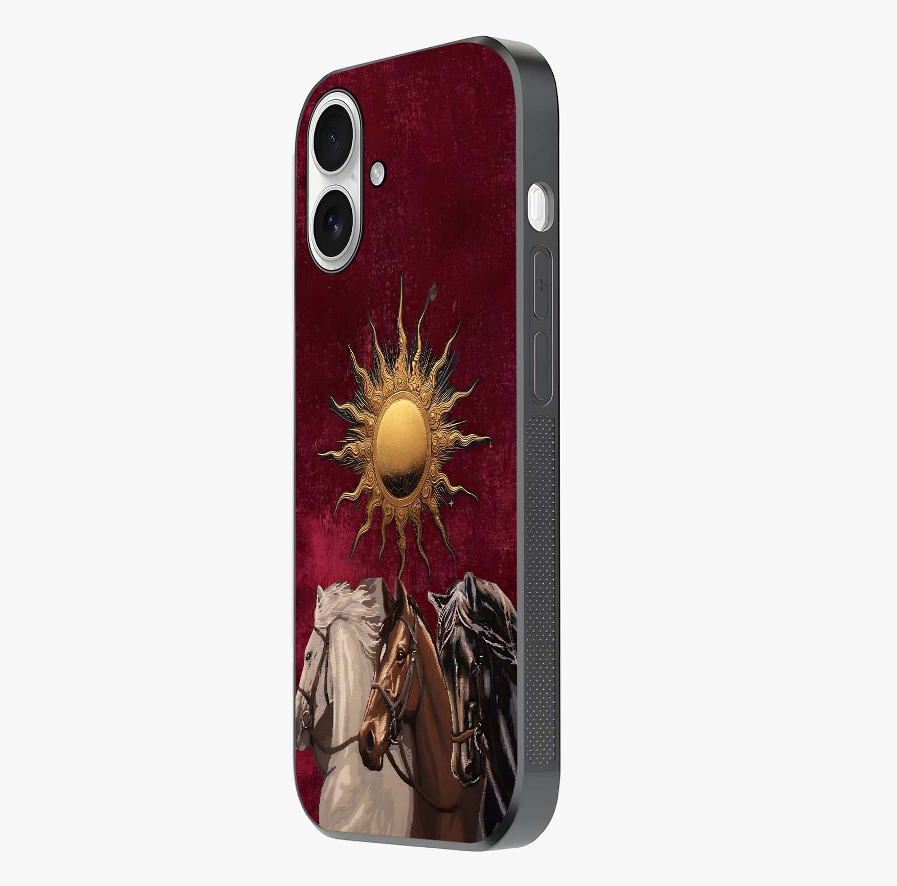 Solar Riders Glass Case photographed in natural light showing reflective finish and design depth.