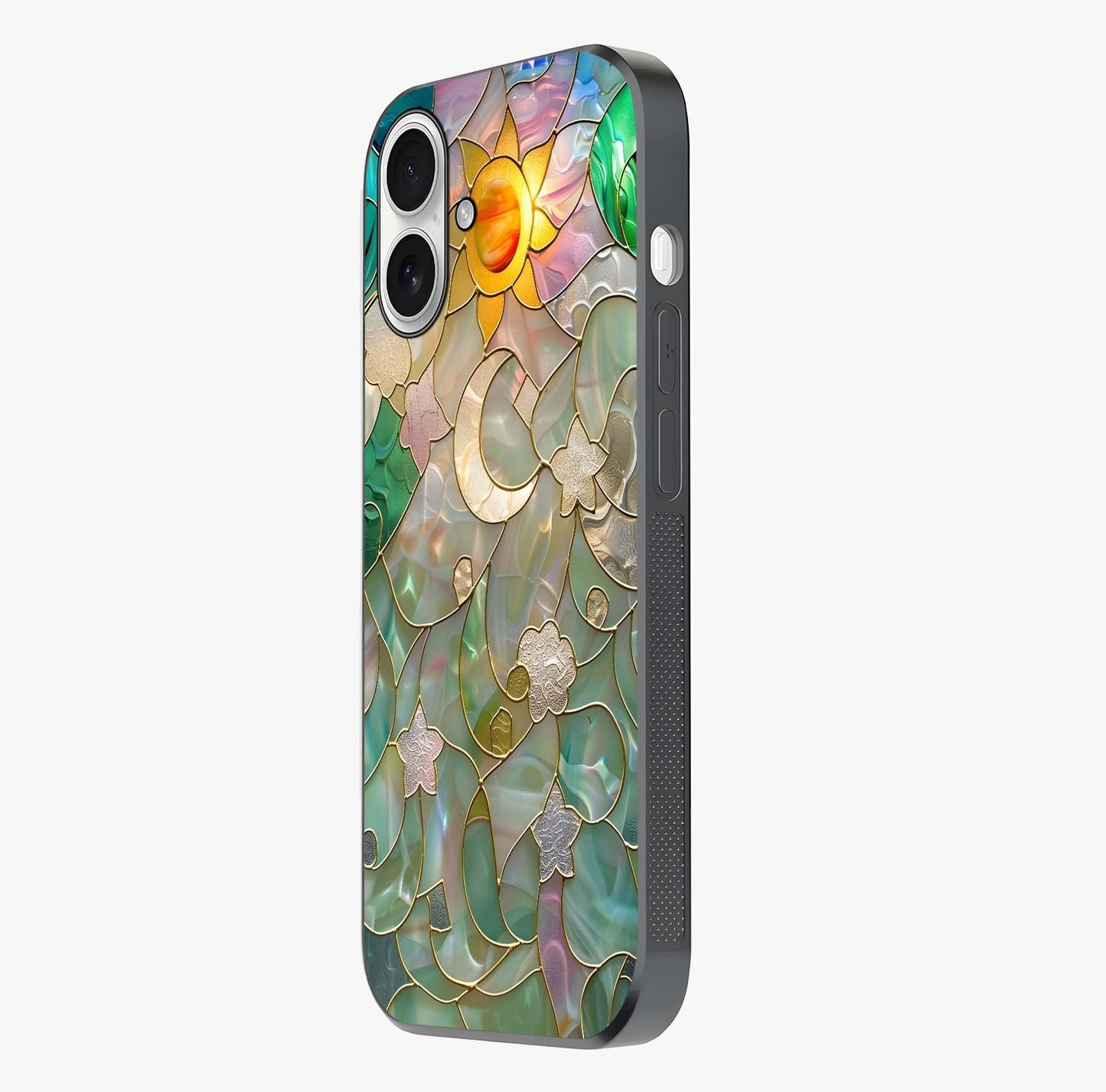 Stained Sunrise Glow Glass Case photographed in natural light showing reflective finish and design depth.