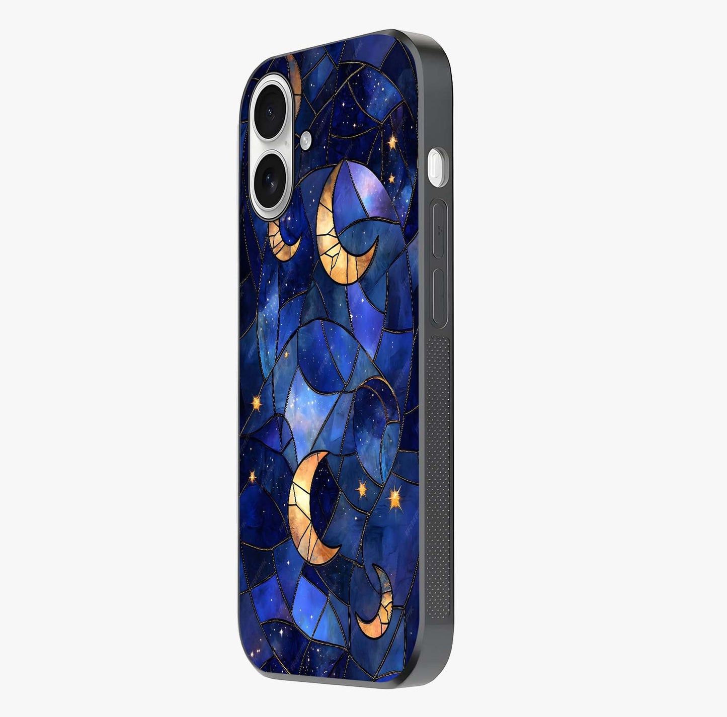 Starlit Sky Tapestry Glass Case photographed in natural light showing reflective finish and design depth.