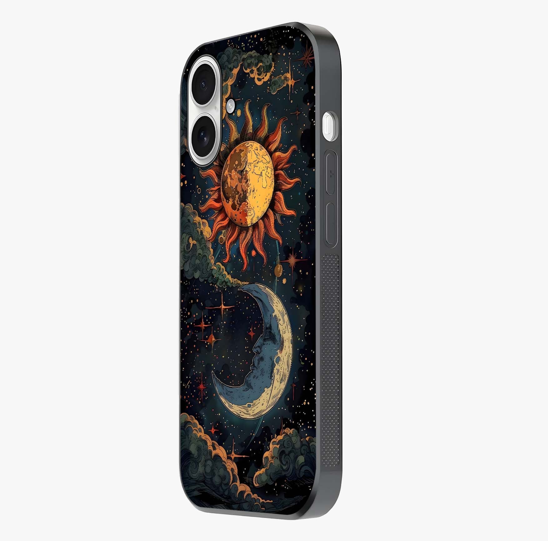 Sun And Moon Magic Design Glass Case photographed in natural light showing reflective finish and design depth.