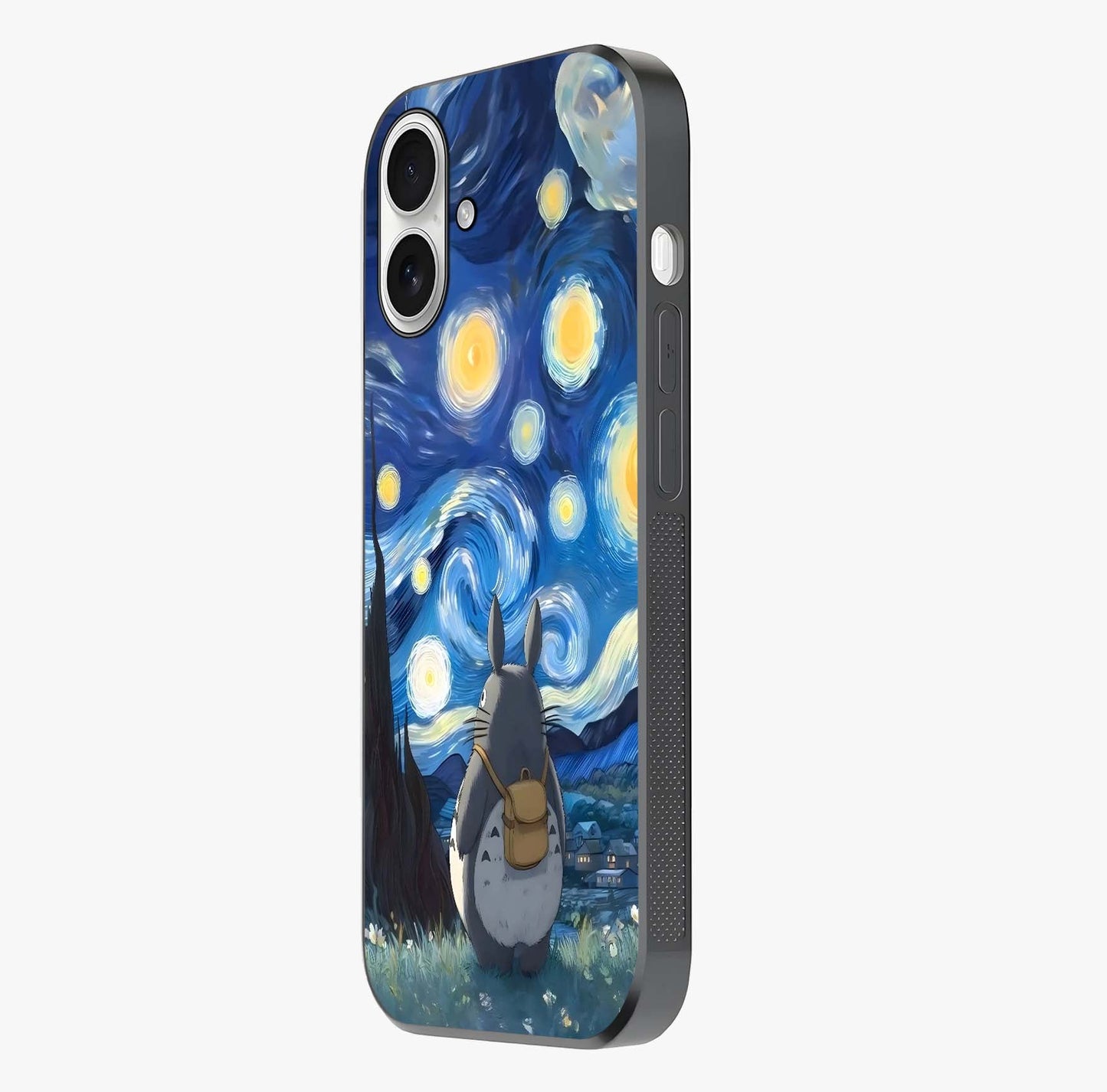 Totoro In Van Gogh Art Glass Case photographed in natural light showing reflective finish and design depth.