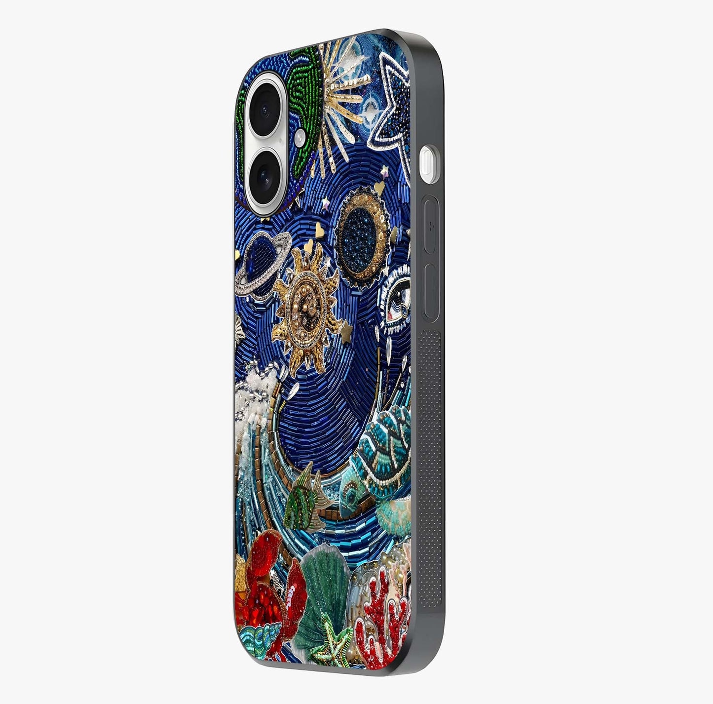 Universe Underwater Spark Glass Case photographed in natural light showing reflective finish and design depth.