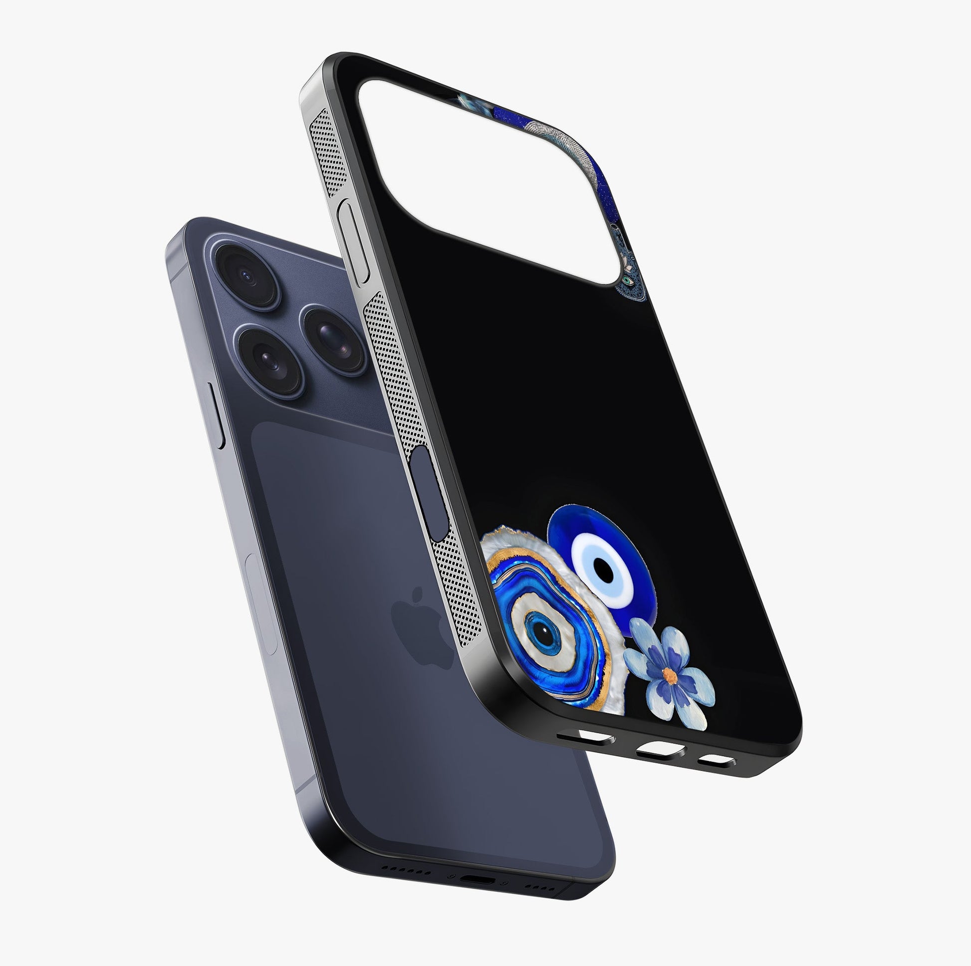 Aesthetic Blue Evil Eye Glass Case laid diagonally highlighting side profile, edges and glossy glass shine.