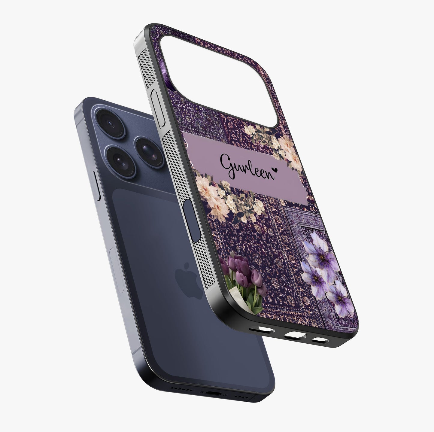 Antique Floral Whisper Custom Name Glass Case laid diagonally highlighting side profile, edges and glossy glass shine.