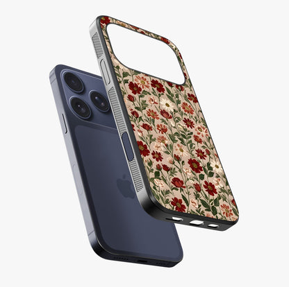Biege Flower With Leaf Glass Case laid diagonally highlighting side profile, edges and glossy glass shine.