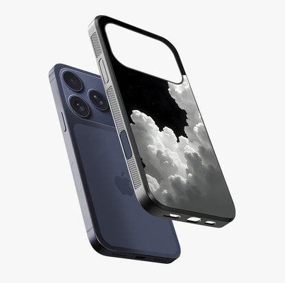 Black Background With White Cloud Glass Case laid diagonally highlighting side profile, edges and glossy glass shine.