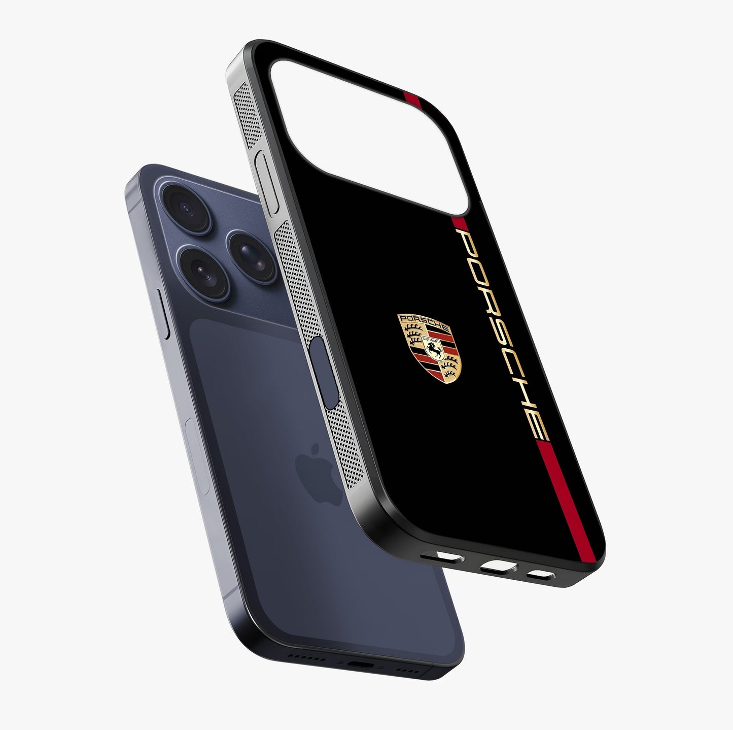Black Minimal Porsche Glass Case laid diagonally highlighting side profile, edges and glossy glass shine.