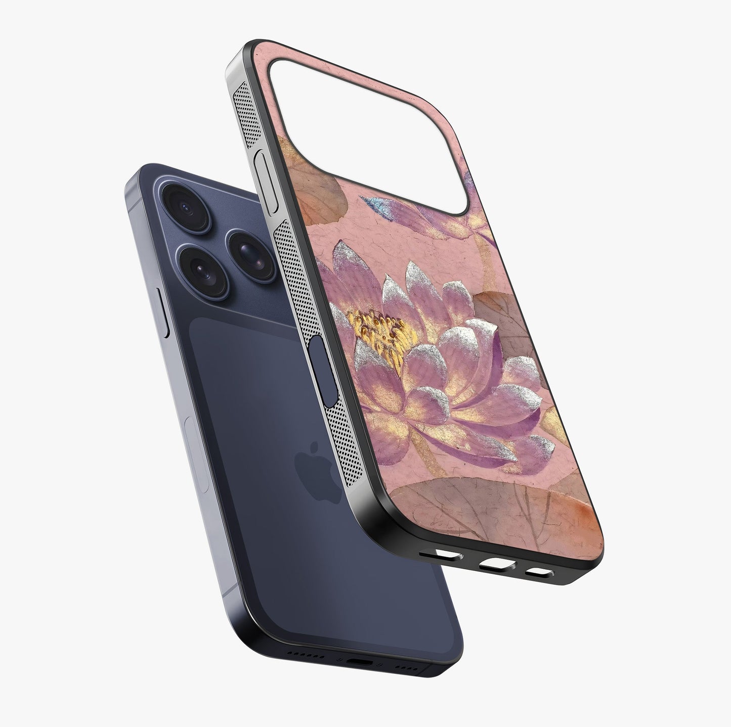 Blossom Mist Lotus Glass Case laid diagonally highlighting side profile, edges and glossy glass shine.