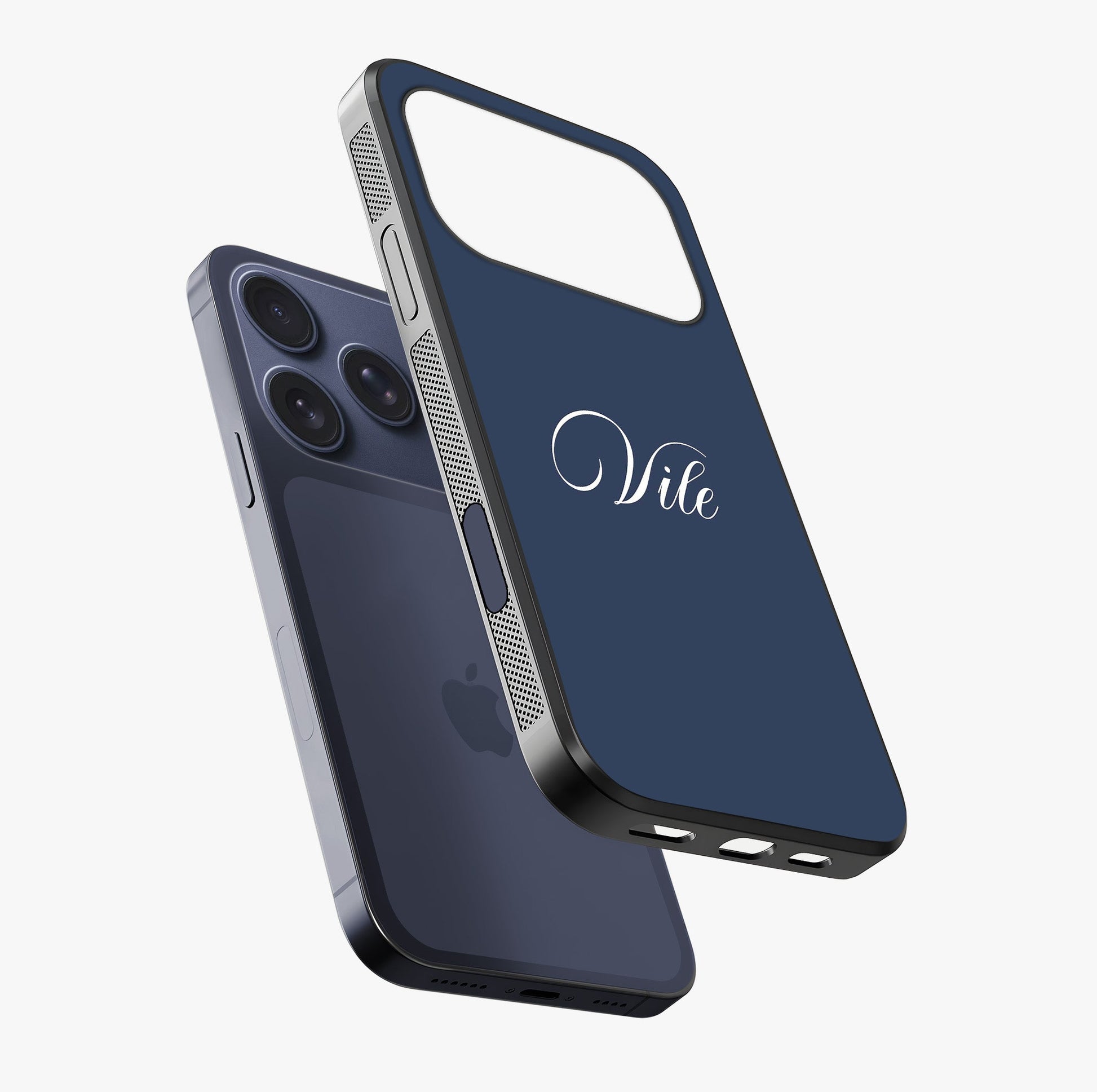 Blue Background Personalized Custom Name Glass Case laid diagonally highlighting side profile, edges and glossy glass shine.