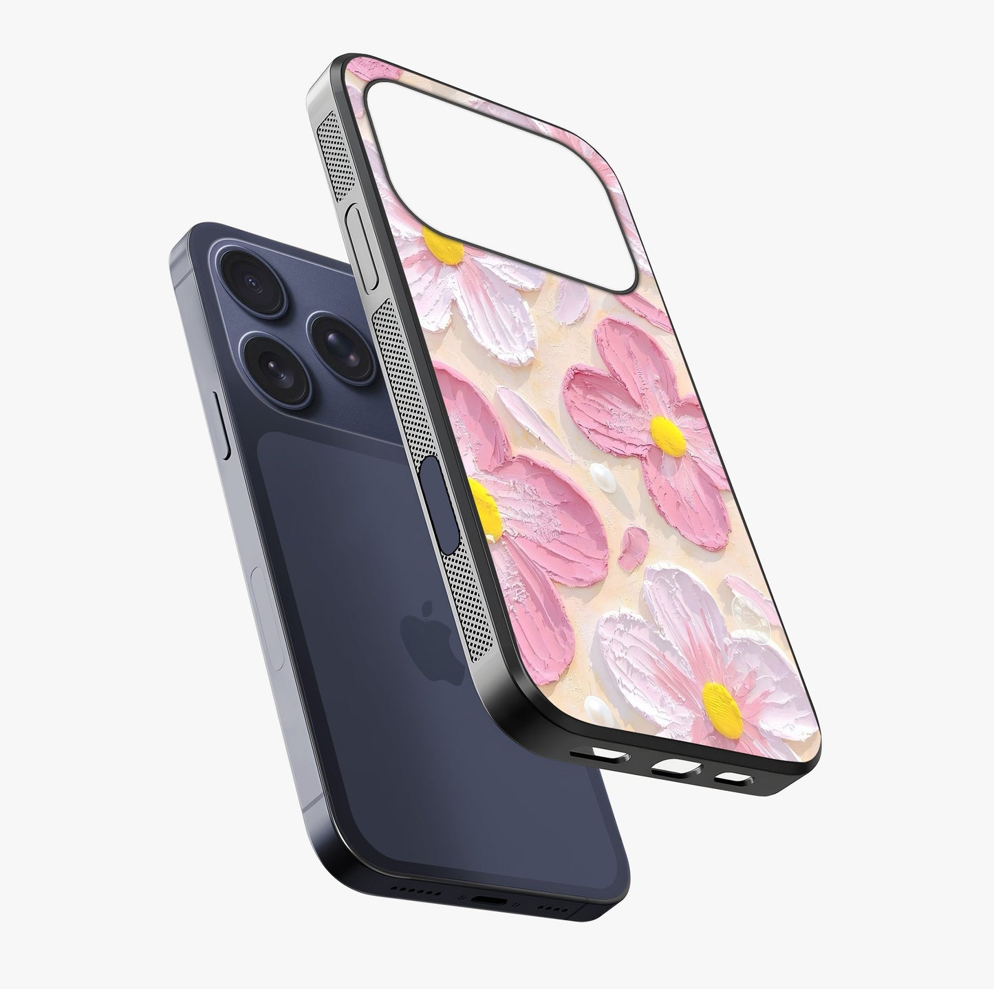 Blush Bloom Texture Glass Case laid diagonally highlighting side profile, edges and glossy glass shine.