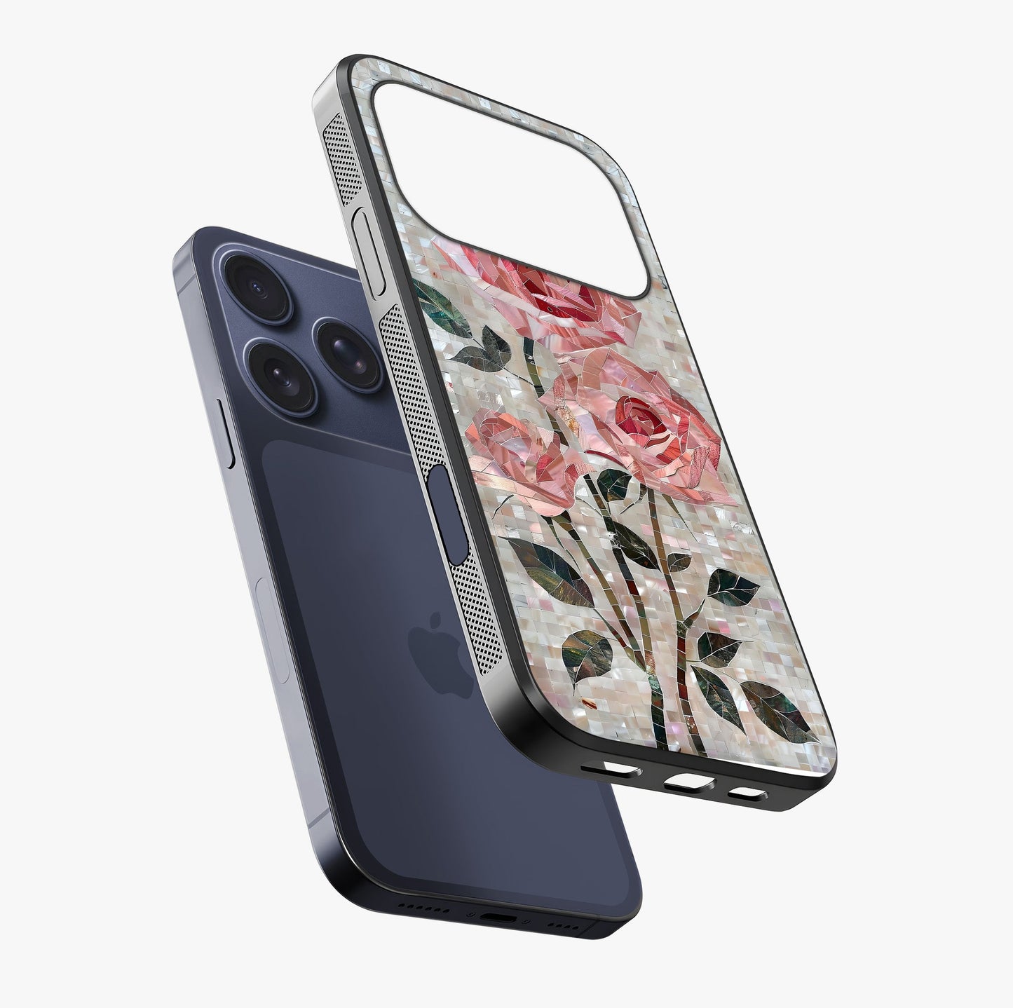 Blush Mosaic Bloom Glass Case laid diagonally highlighting side profile, edges and glossy glass shine.