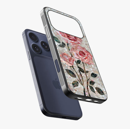Blush Mosaic Bloom Glass Case laid diagonally highlighting side profile, edges and glossy glass shine.