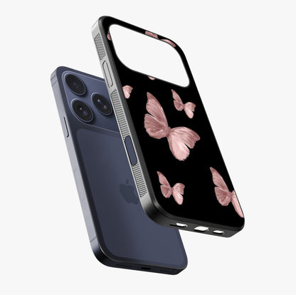 Butterfly Pattern Glass Case laid diagonally highlighting side profile, edges and glossy glass shine.
