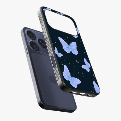 Butterfly With Stars Pattern Glass Case laid diagonally highlighting side profile, edges and glossy glass shine.