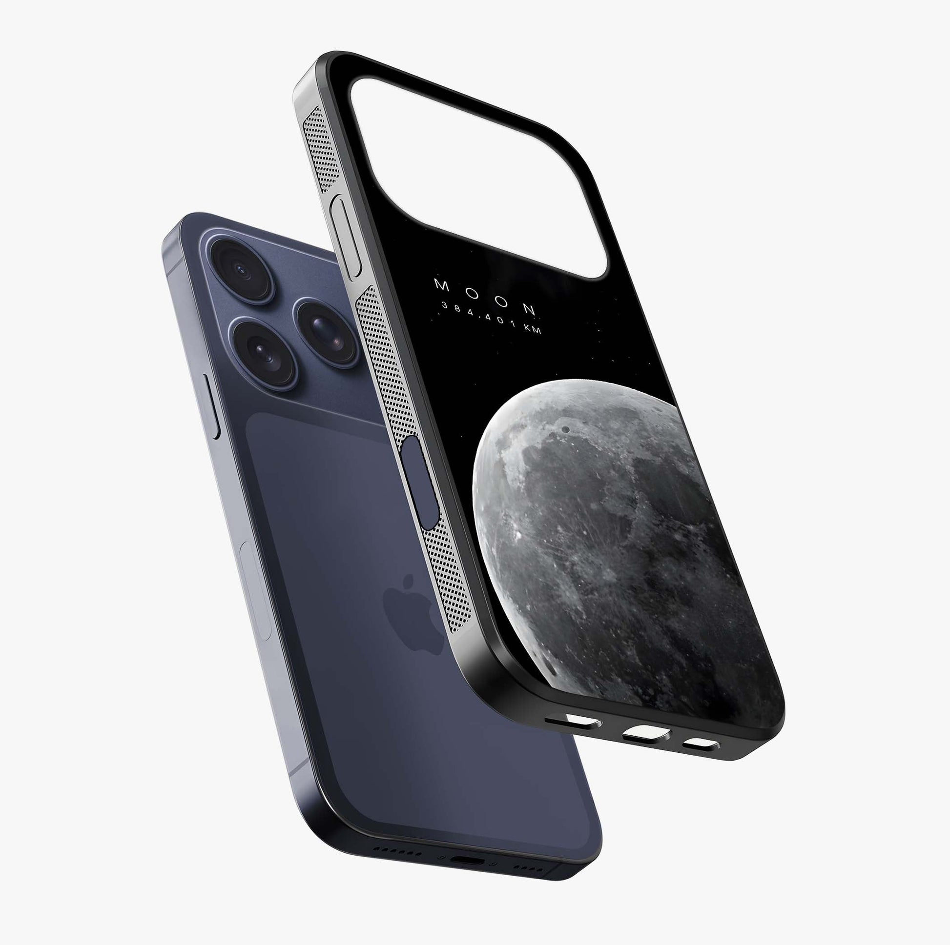 Cosmic Moon Glow Glass Case laid diagonally highlighting side profile, edges and glossy glass shine.