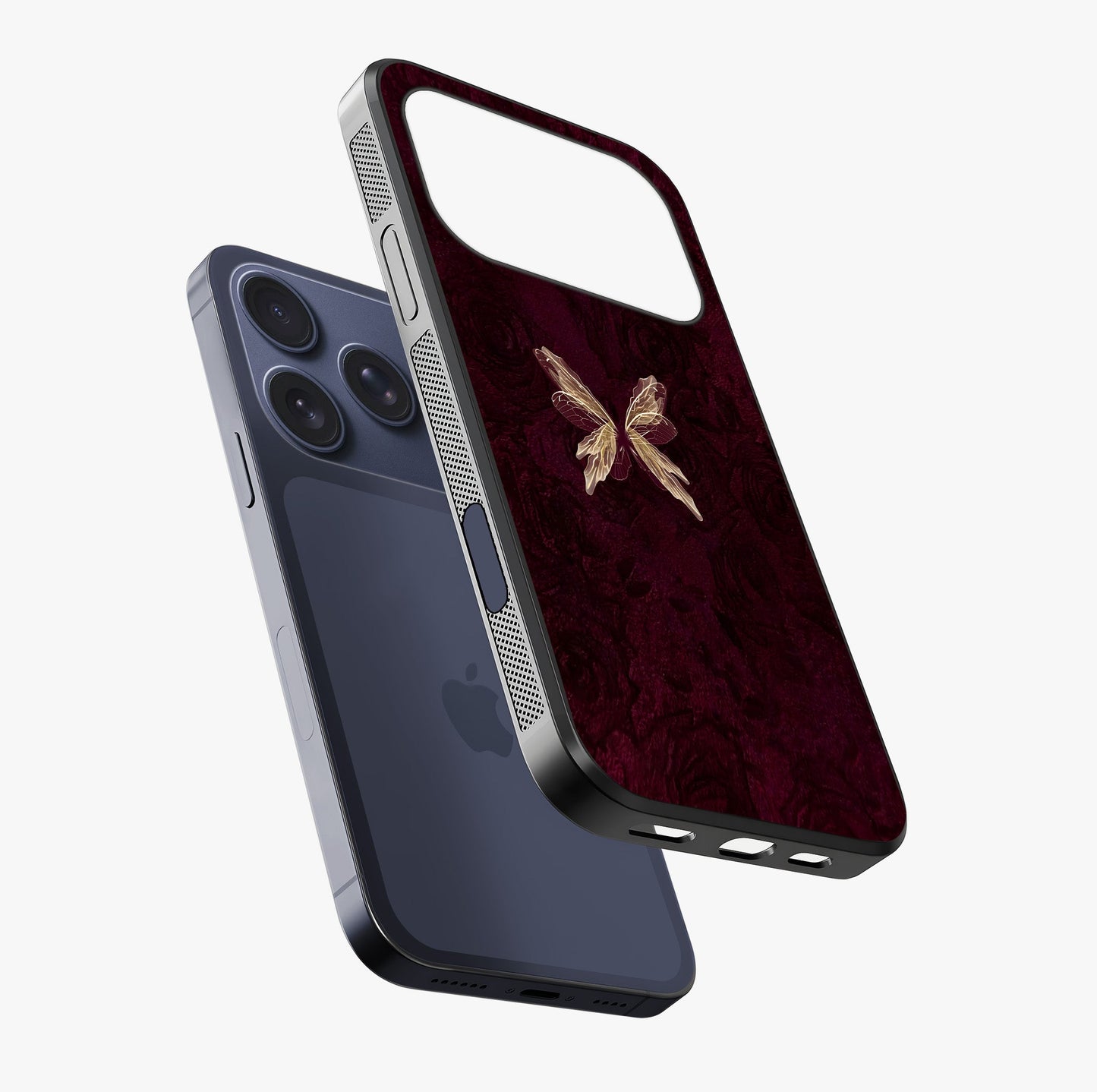 Crimson Fade Butterfly Glass Case laid diagonally highlighting side profile, edges and glossy glass shine.