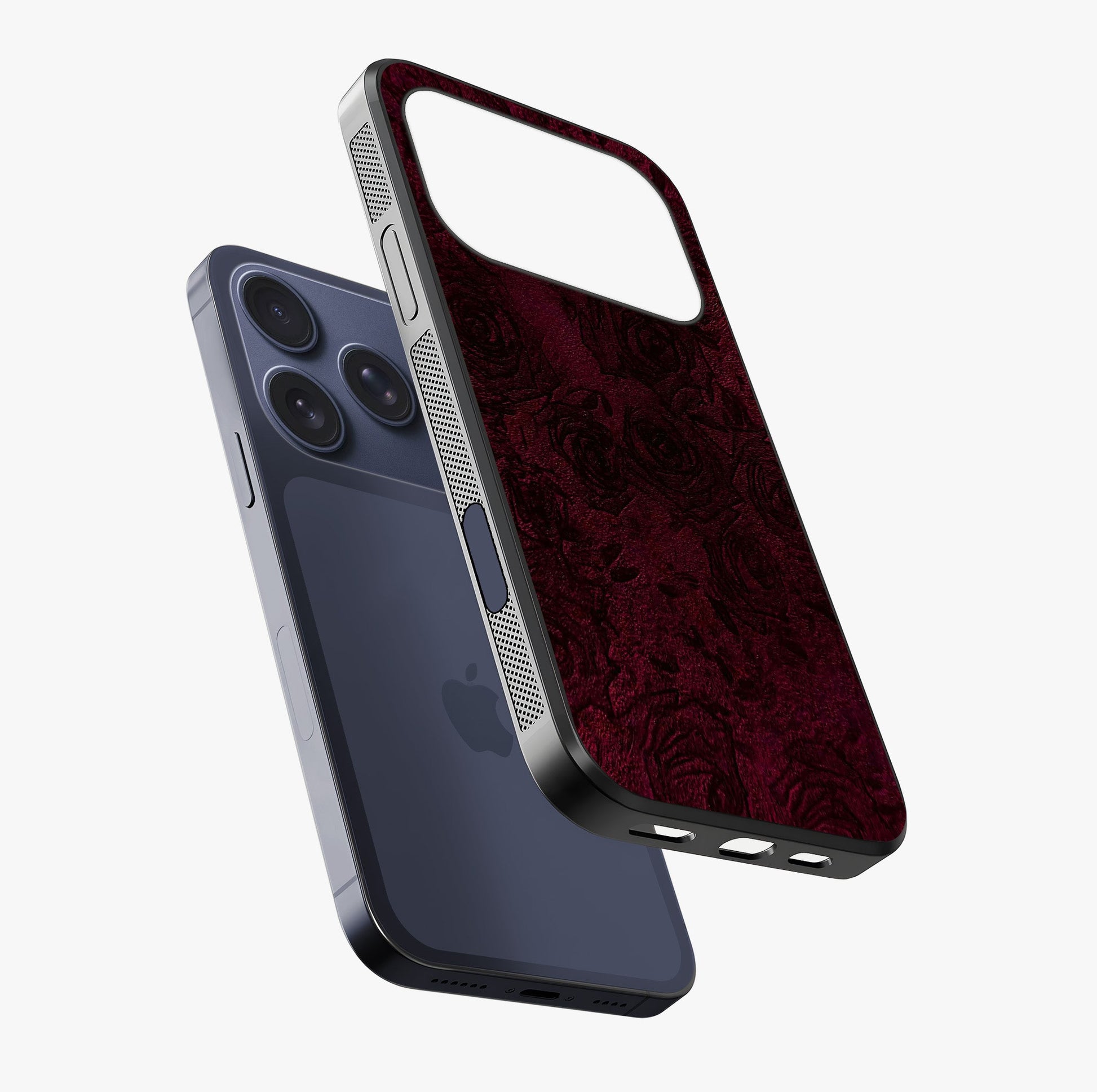 Crimson Fade Flow Glass Case laid diagonally highlighting side profile, edges and glossy glass shine.