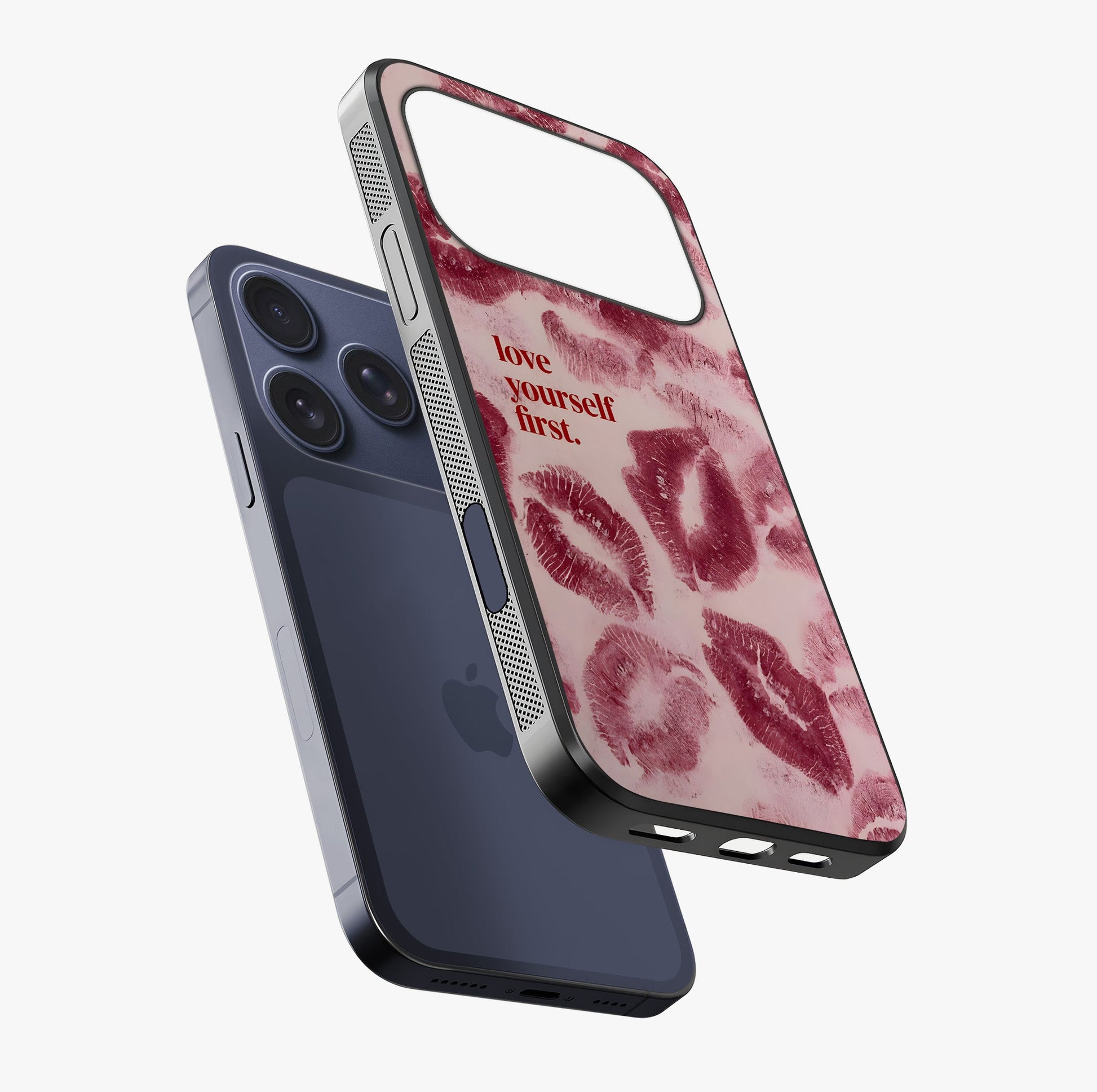 Crimson Kiss Love Glass Case laid diagonally highlighting side profile, edges and glossy glass shine.