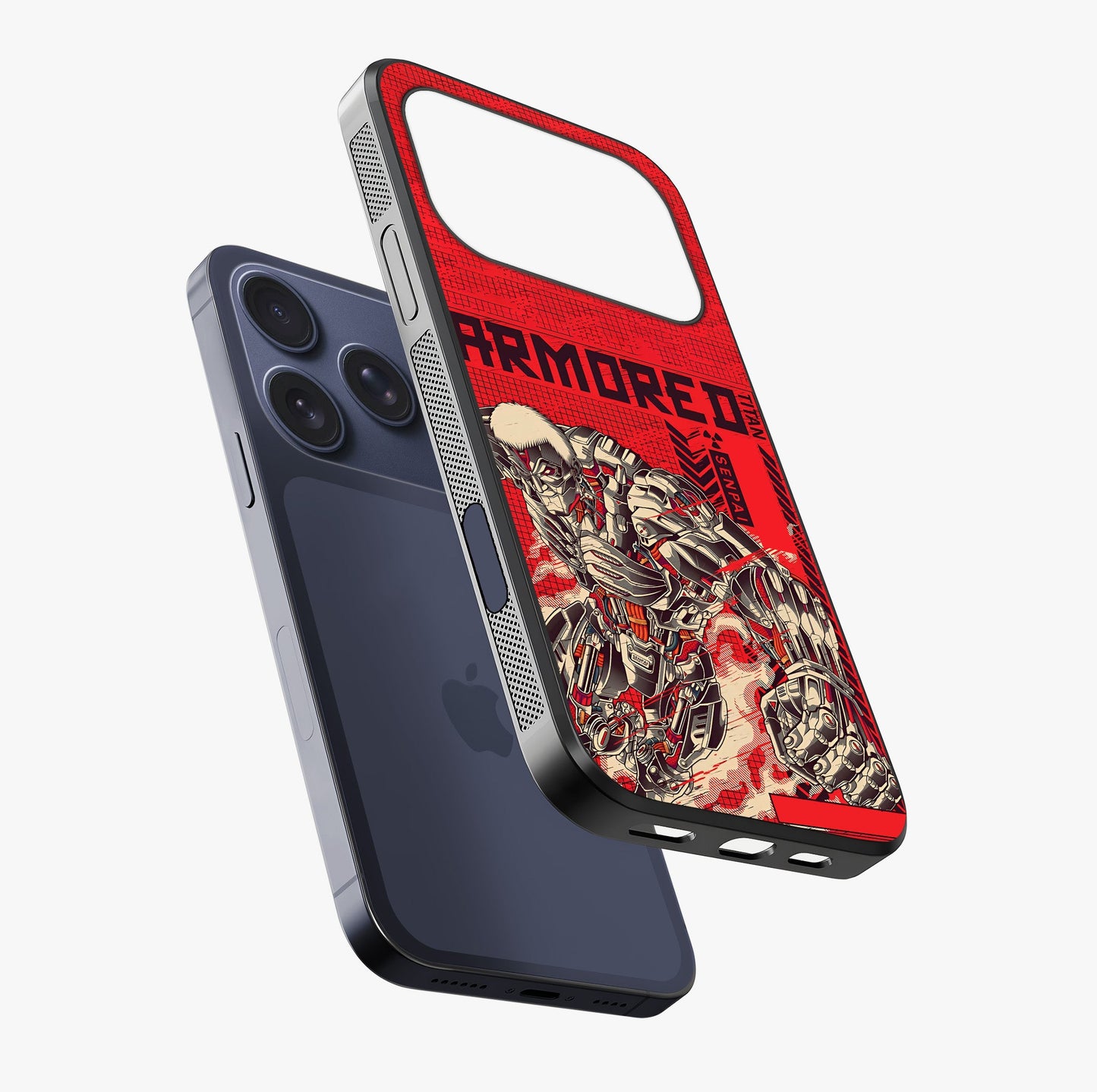 Crimson Mecha Titan Glass Case laid diagonally highlighting side profile, edges and glossy glass shine.