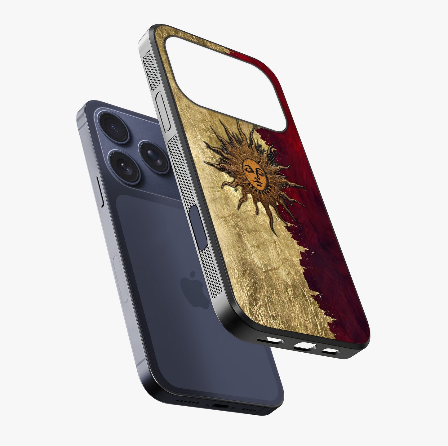 Crimson Sun Majesty Glass Case laid diagonally highlighting side profile, edges and glossy glass shine.