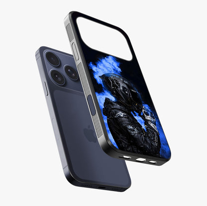 Cyber Sentinel Protocol Glass Case laid diagonally highlighting side profile, edges and glossy glass shine.
