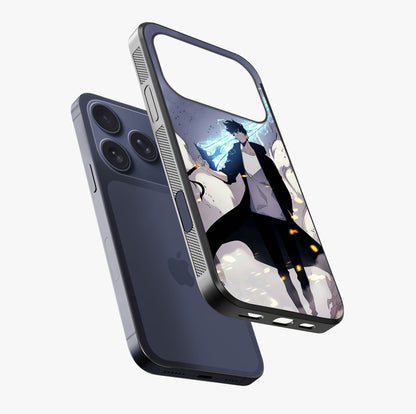 Dark Lightning Anime Warrior Glass Case laid diagonally highlighting side profile, edges and glossy glass shine.