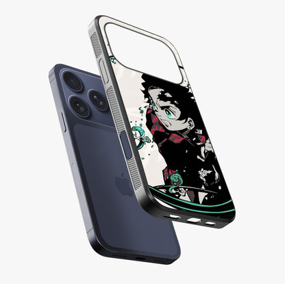 Demon Slayer Glass Case laid diagonally highlighting side profile, edges and glossy glass shine.