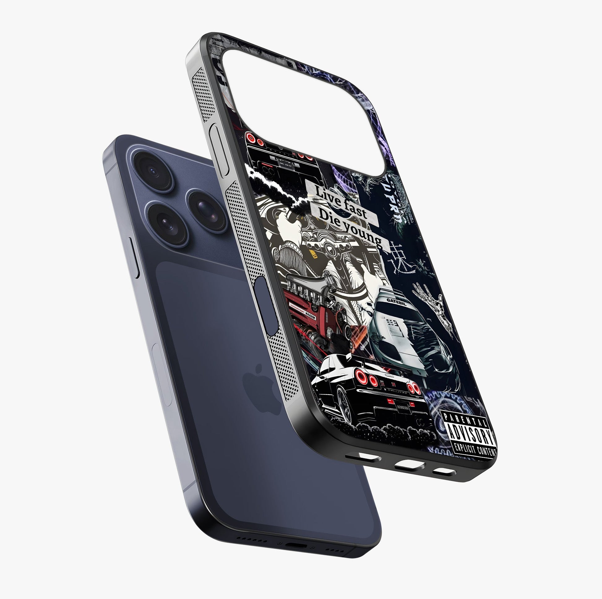 Die Young Glass Case laid diagonally highlighting side profile, edges and glossy glass shine.