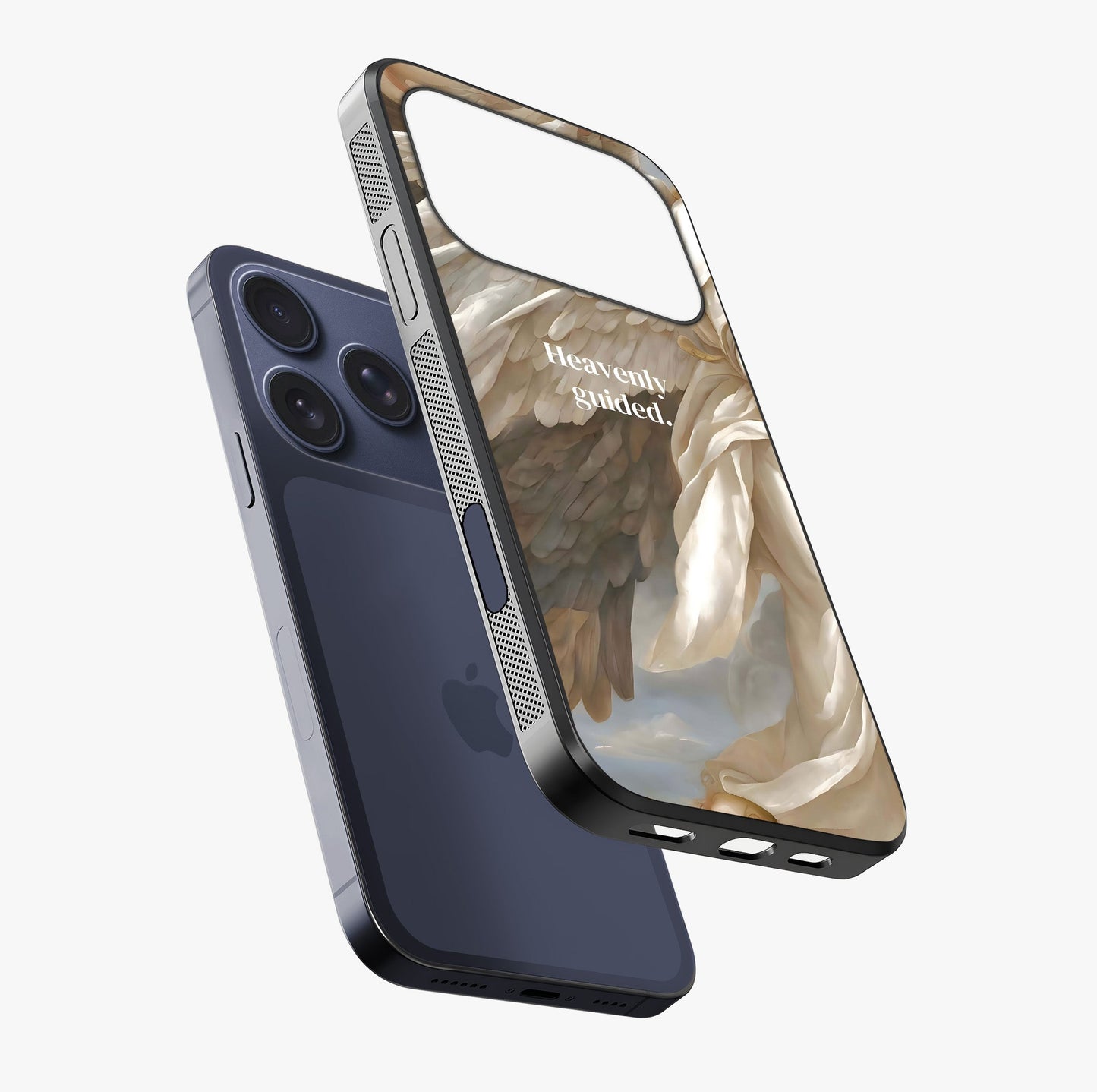 Divine Winged Grace Glass Case laid diagonally highlighting side profile, edges and glossy glass shine.
