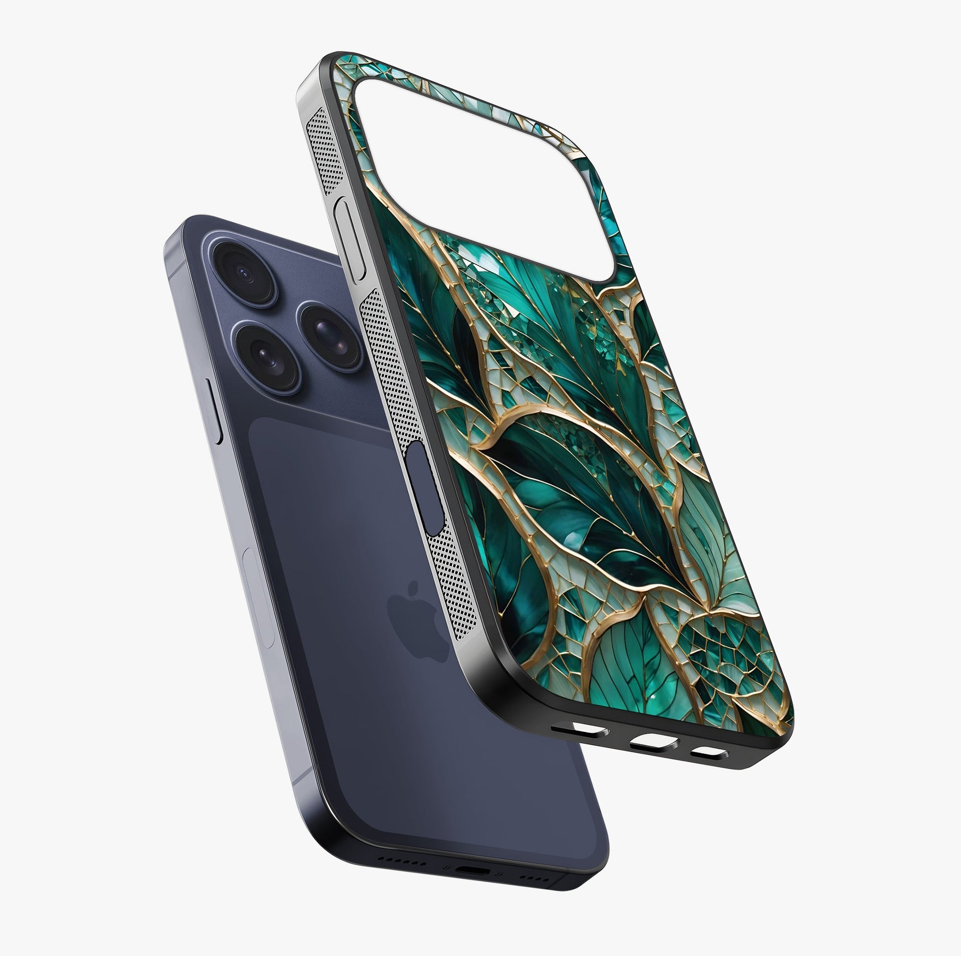 Emerald Leaf Glass Glass Case laid diagonally highlighting side profile, edges and glossy glass shine.