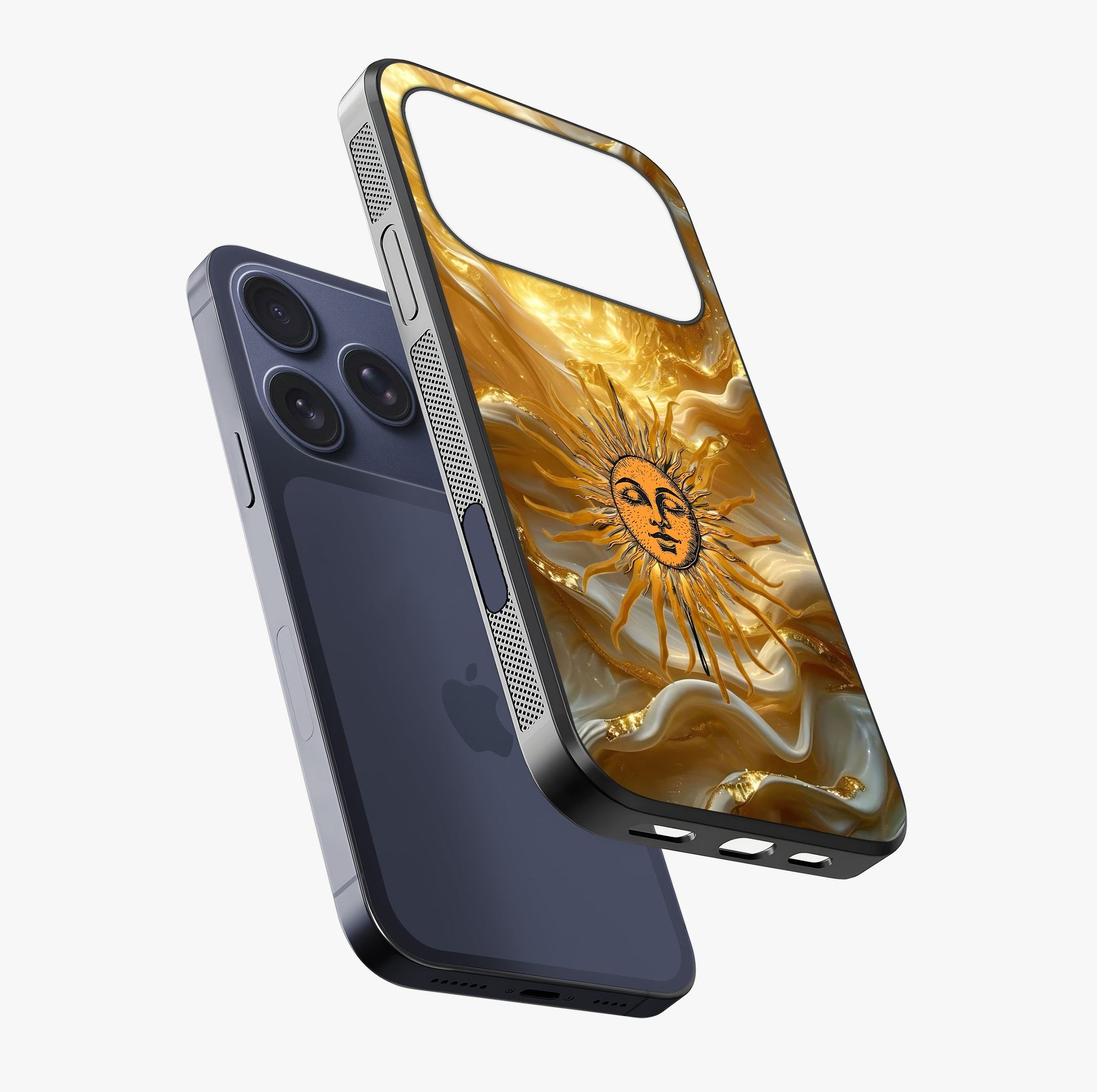 Eternal Golden Glow Glass Case laid diagonally highlighting side profile, edges and glossy glass shine.