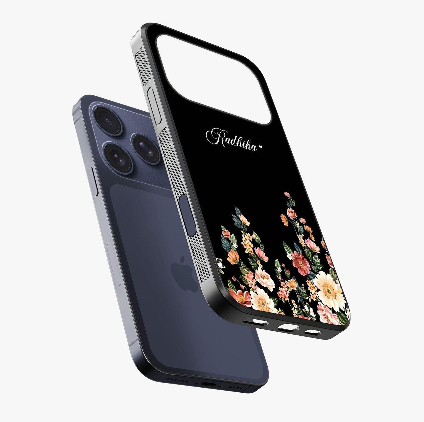 Floral Design With A Custom Personalized Name Glass Case laid diagonally highlighting side profile, edges and glossy glass shine.
