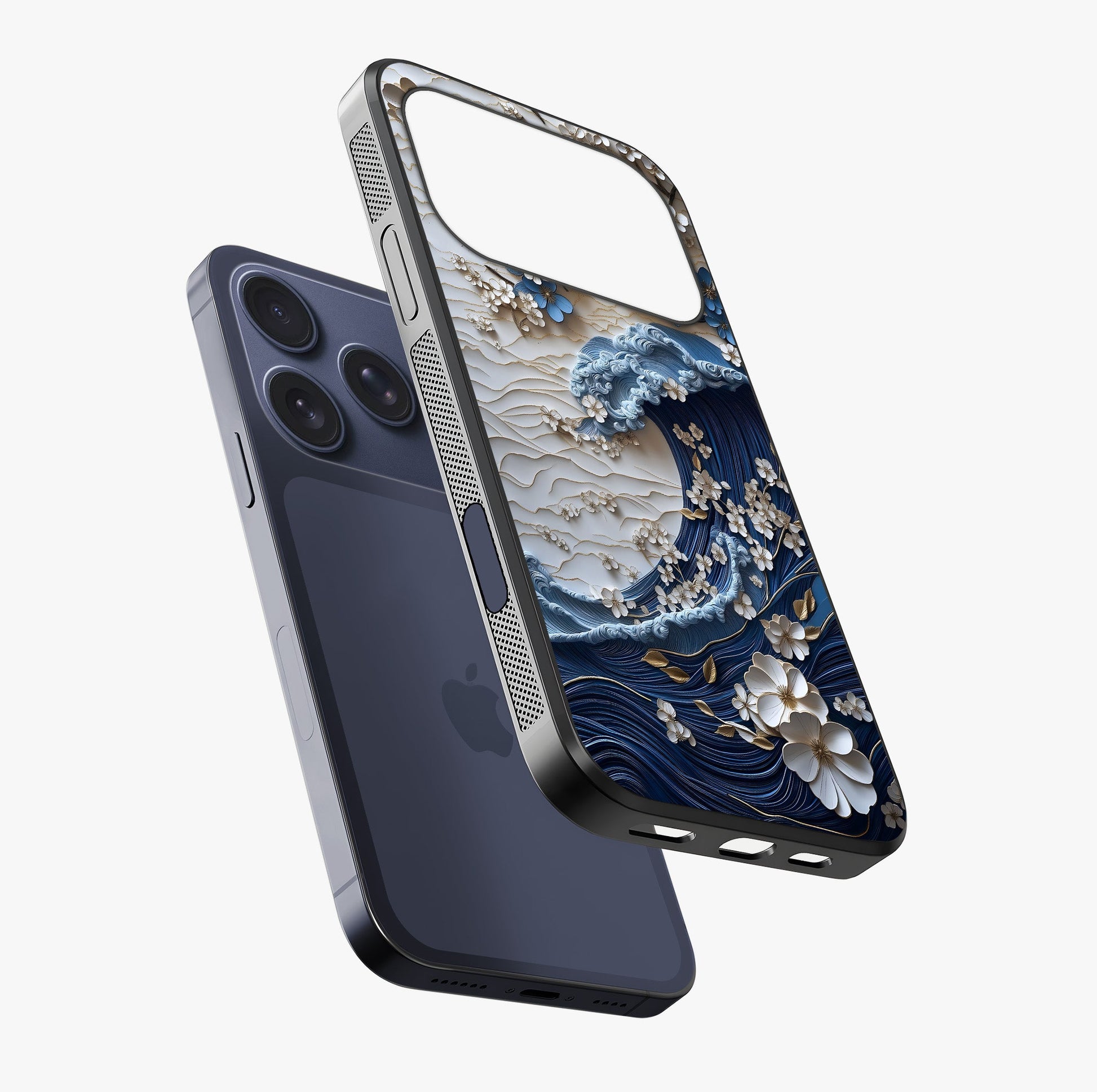 Floral Wave Origami Glass Case laid diagonally highlighting side profile, edges and glossy glass shine.