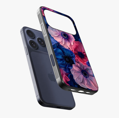 Flower Paper Art Pattern Glass Case laid diagonally highlighting side profile, edges and glossy glass shine.