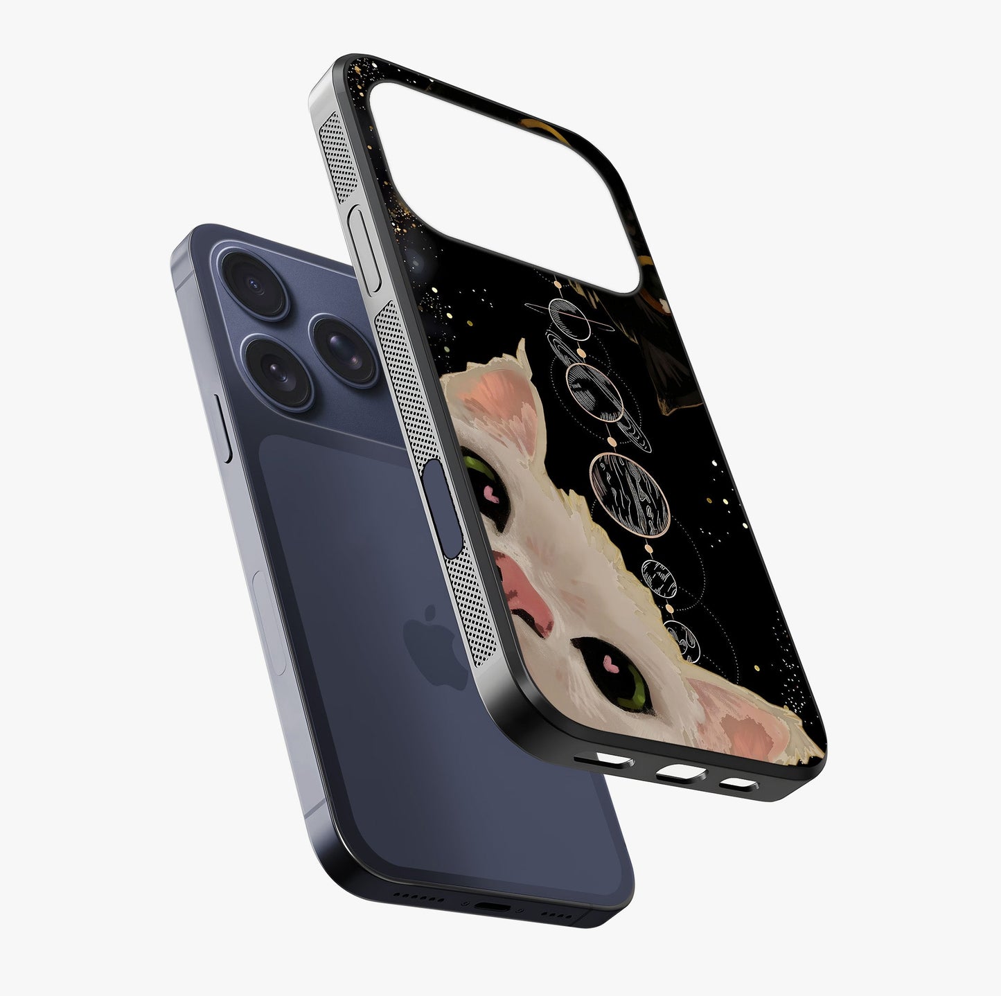 Galactic Cat Glass Case laid diagonally highlighting side profile, edges and glossy glass shine.