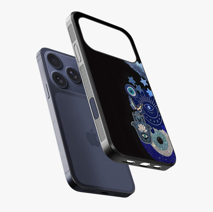 Galactic Charm Cluster Glass Case laid diagonally highlighting side profile, edges and glossy glass shine.