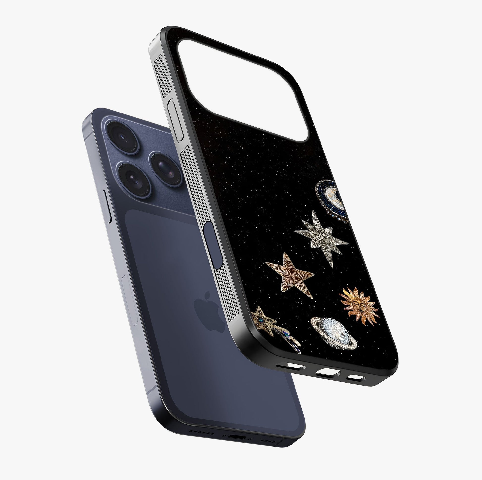 Galactic Charm Glow Glass Case laid diagonally highlighting side profile, edges and glossy glass shine.