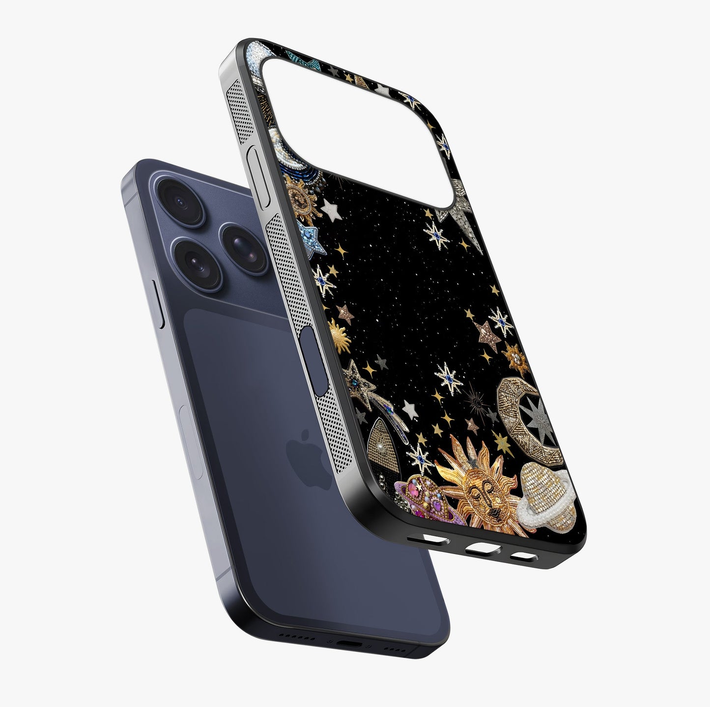 Galactic Jewel Stars Glass Case laid diagonally highlighting side profile, edges and glossy glass shine.