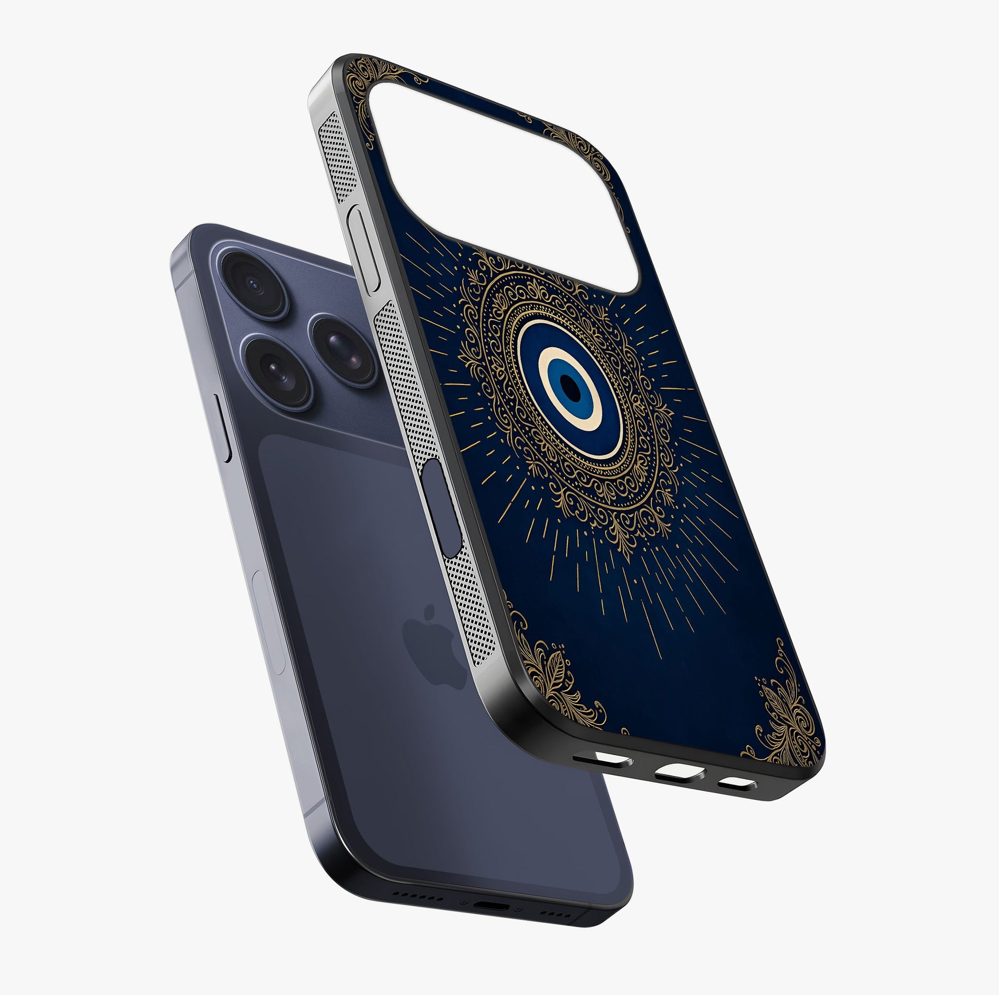 Golden Celestial Charm Glass Case laid diagonally highlighting side profile, edges and glossy glass shine.