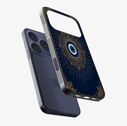 Golden Celestial Charm Glass Case laid diagonally highlighting side profile, edges and glossy glass shine.