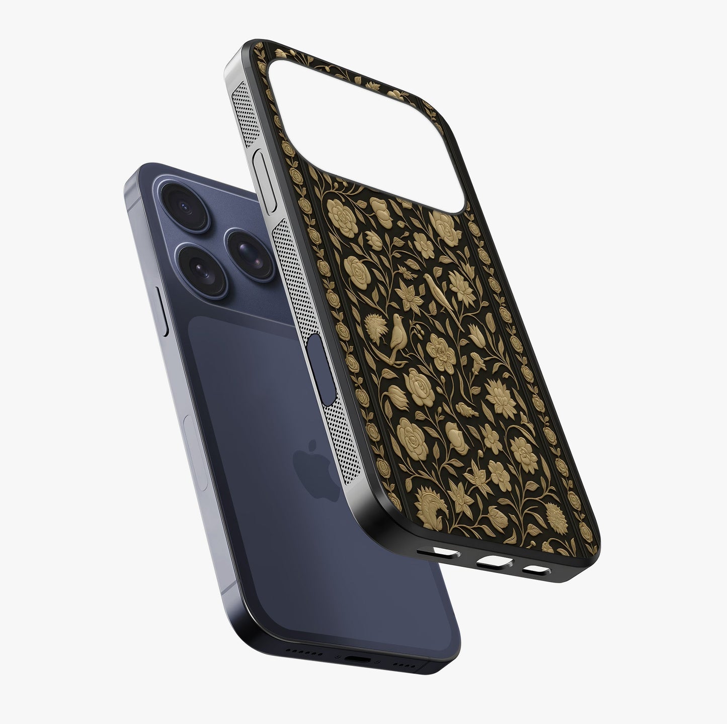 Golden Evil Eye Mandala Glass Case laid diagonally highlighting side profile, edges and glossy glass shine.