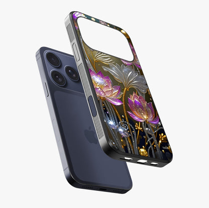 Golden Floral Majesty Glass Case laid diagonally highlighting side profile, edges and glossy glass shine.